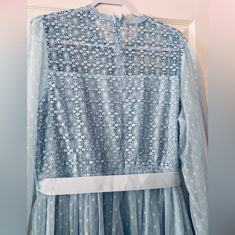 Chic Light Blue Lace Long Sleeve Dress - Picture 7 of 7